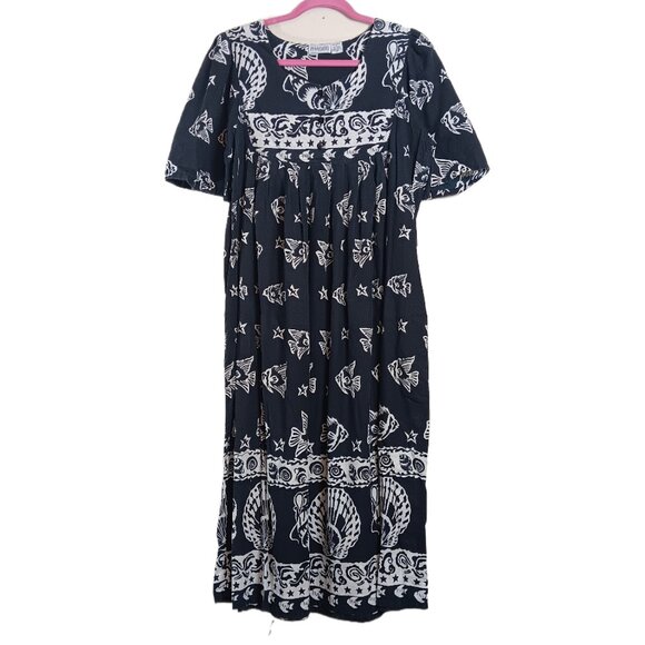 Phases Muumuu Dress Women’s Large Black 100% Cotton Fish Seashells Lounge Gown - Picture 1 of 5